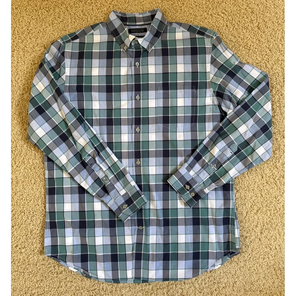 Banana Republic Mens Slim‎ Fit Custom 078 Wash Shirt Green Blue Plaid Large L
